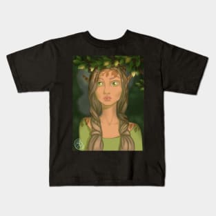 Forest nymph. Beautiful elf with big green eyes, anime art Kids T-Shirt